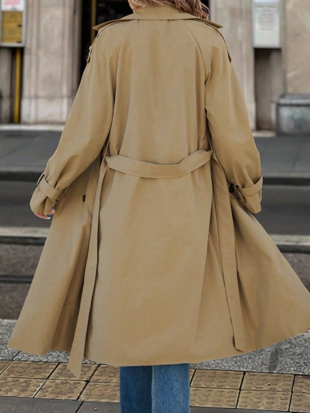Khaki Casual Women's Long Sleeve Double-Breasted Long Trench Coat - Picture 2 of 7
